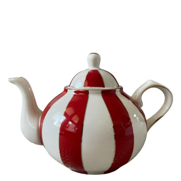 Grace Teaware Fine Porcelain Teapot Holiday Red White Gold Peppermint Stripe New - Picture 2 of 16